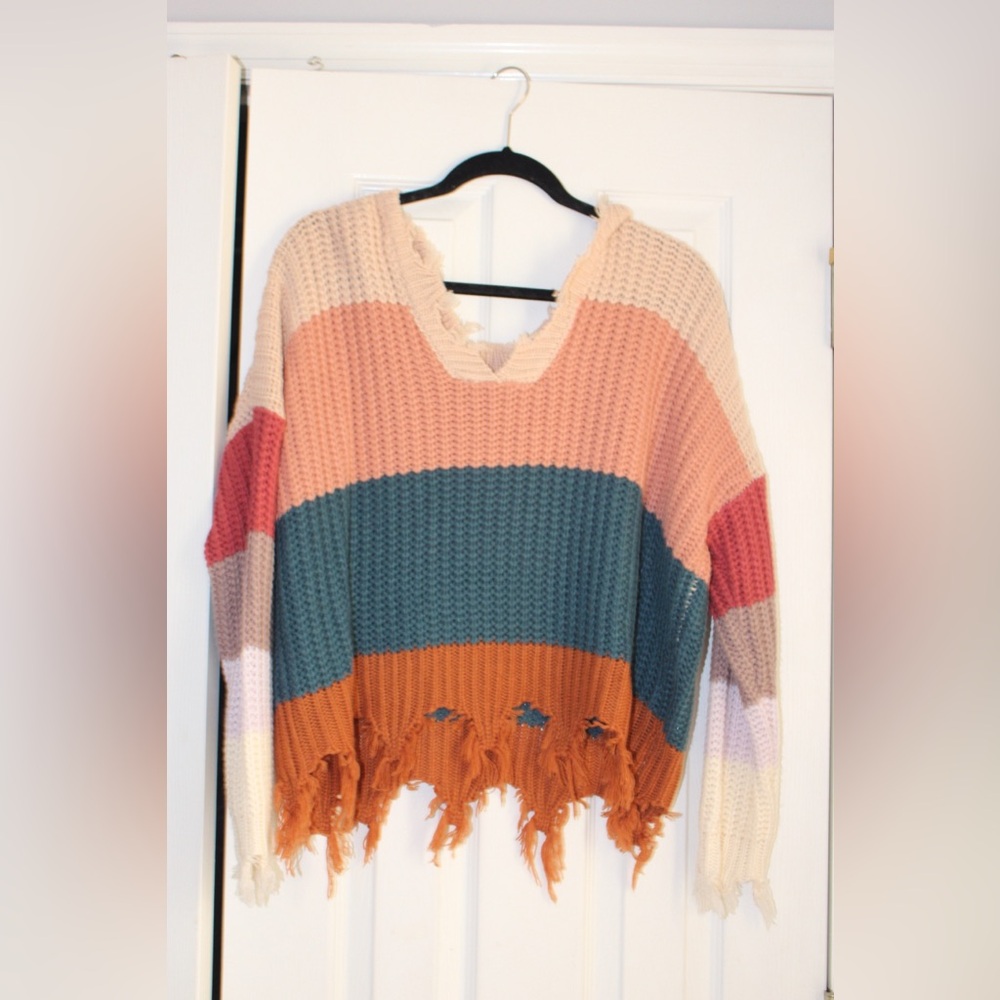 Miracle Striped V-Neck Sweater in Pink, Teal, Orange, Cream